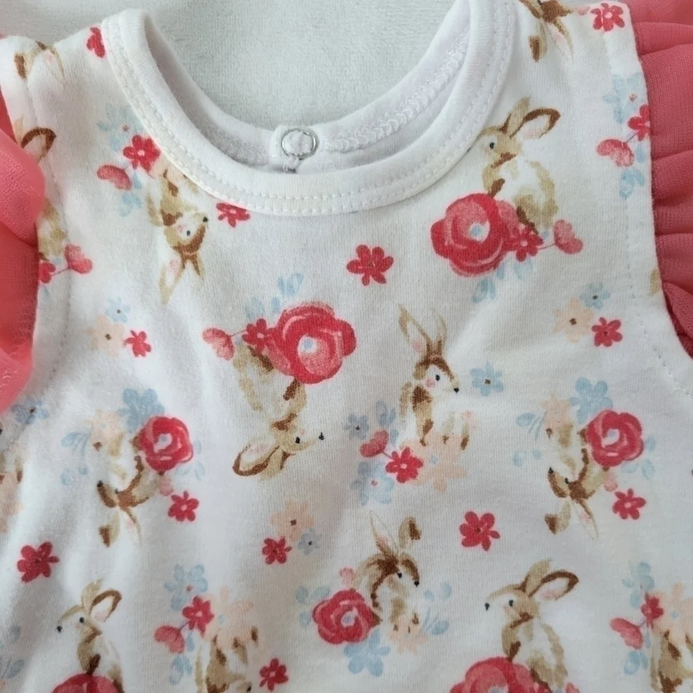 Kyle & Deena bunny print white,pink & Blue ruffle onesie/romper w/ headband 3-6m